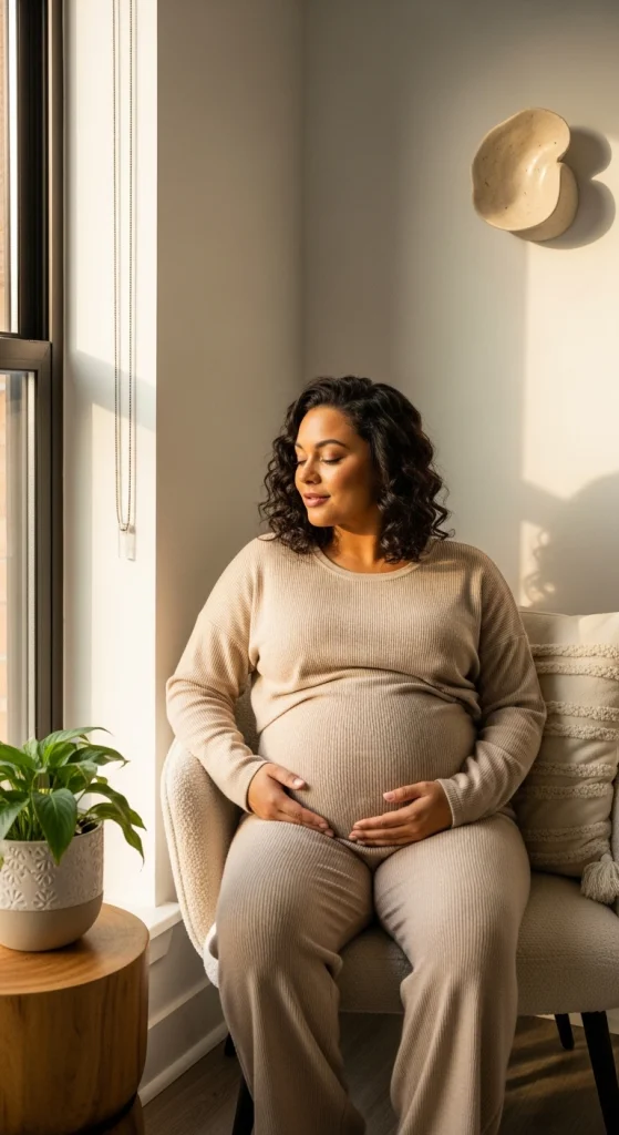 High-Waisted Maternity Jeans With A Loose Blouse