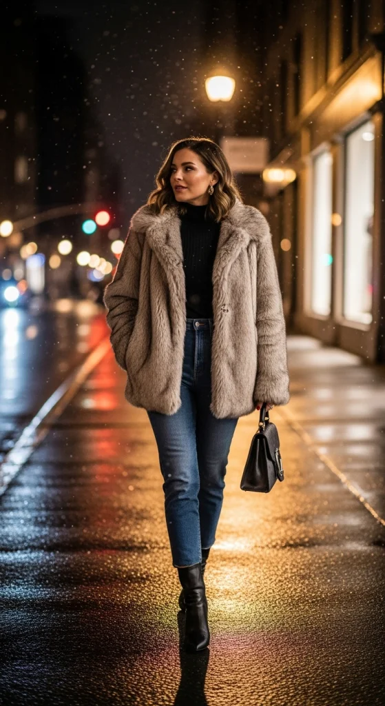 Faux Fur Jacket + Turtleneck + Jeans