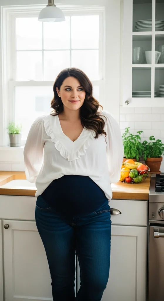 High-Waisted Maternity Jeans With A Loose Blouse