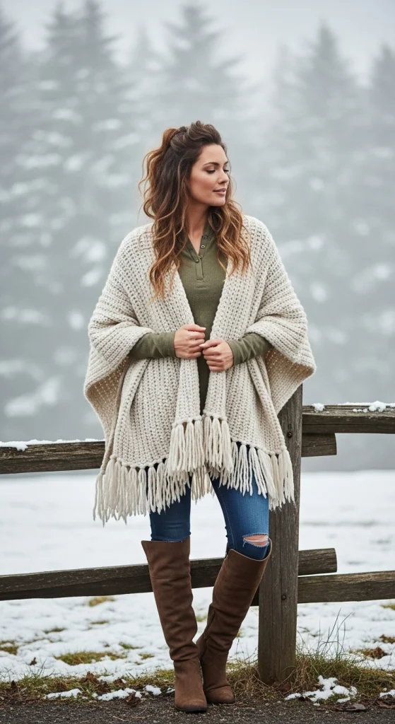 Knitted Poncho + Thermal Top + Skinny Jeans