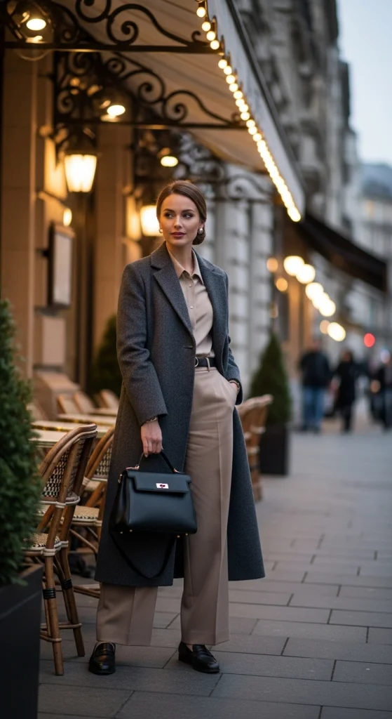 Long Wool Coat + Wide-Leg Pants + Loafers