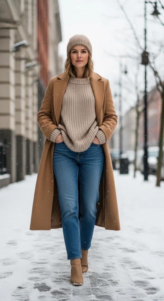 Oversized Sweater + Wool Coat + Jeans