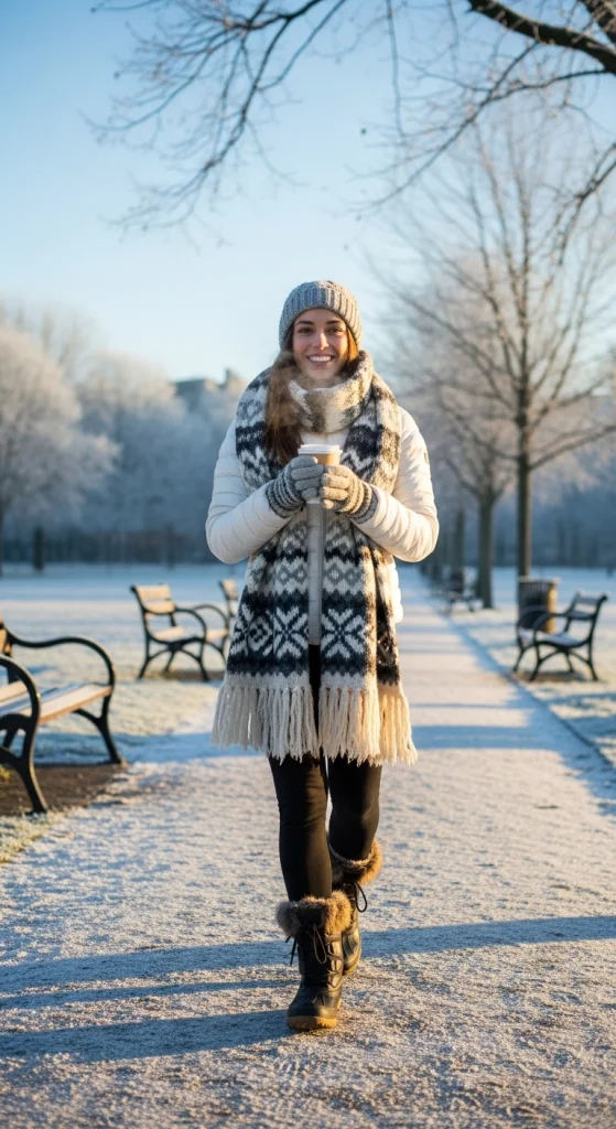 Puffer Jacket + Leggings + Chunky Scarf