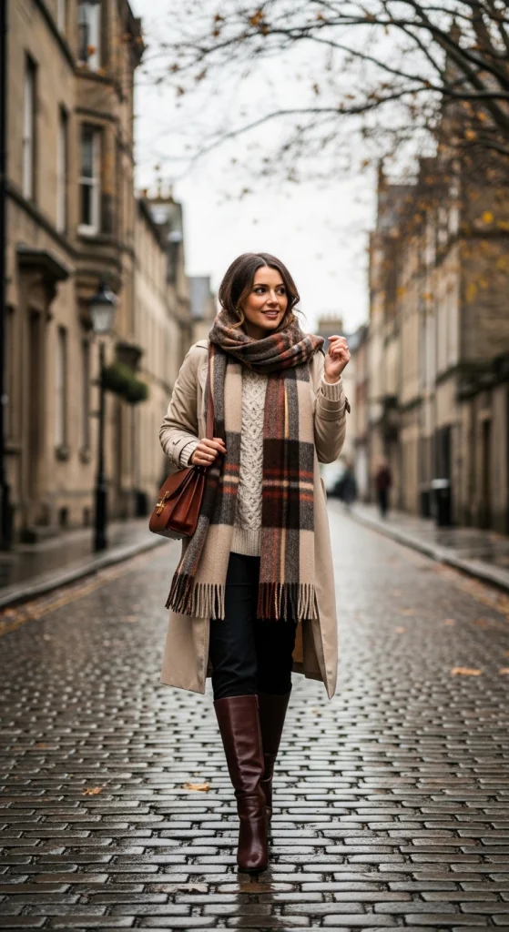 Trench Coat + Sweater + Scarf