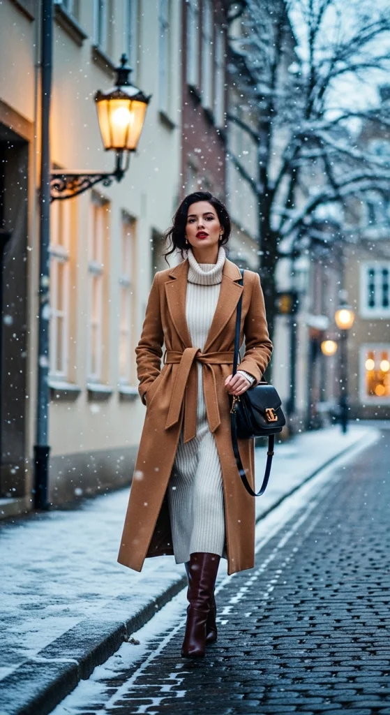 Turtleneck Dress + Long Coat + Tall Boots