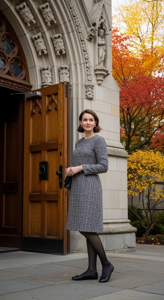 Tweed Dress With Tights And Flats