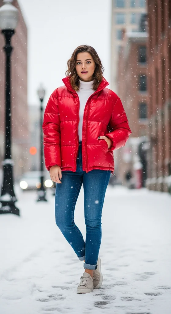Bold-Colored Puffer With Denim