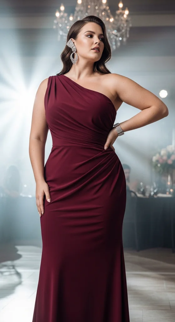 Burgundy One-Shoulder Draped Gown