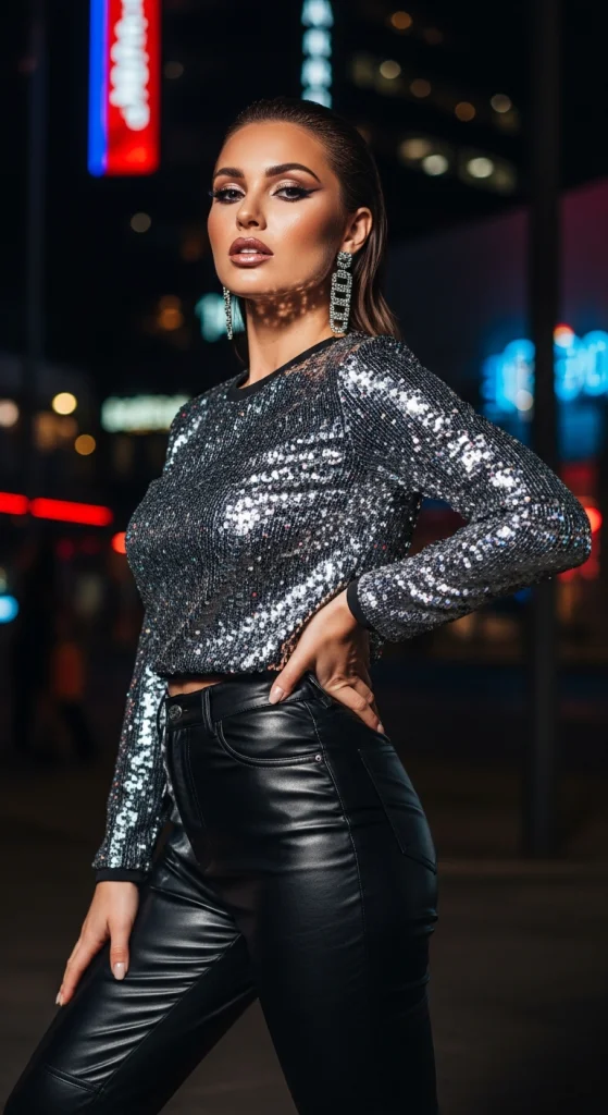 Faux Leather Pants And Sparkling Top
