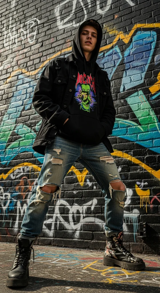 Graphic Hoodie with Distressed Jeans