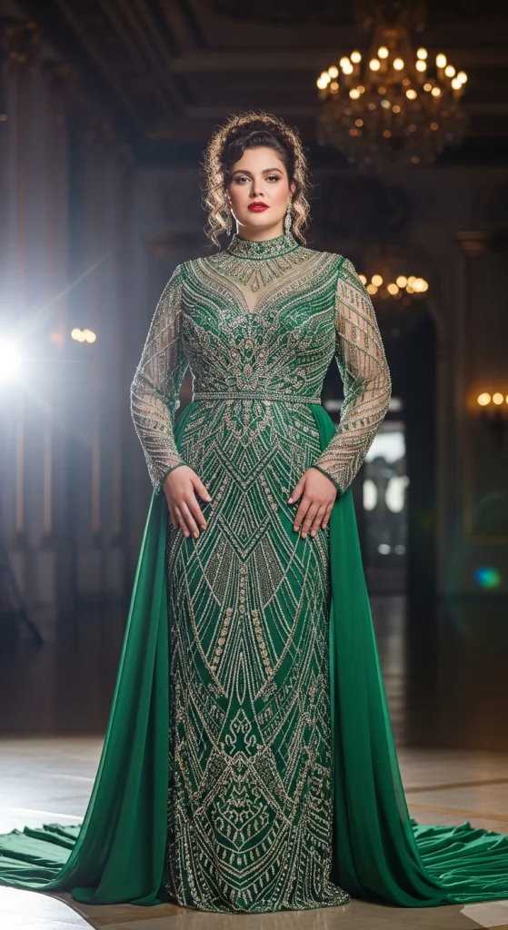 High-Neck Beaded Gown With Train