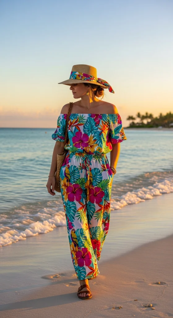 Off-Shoulder Tropical Jumpsuit