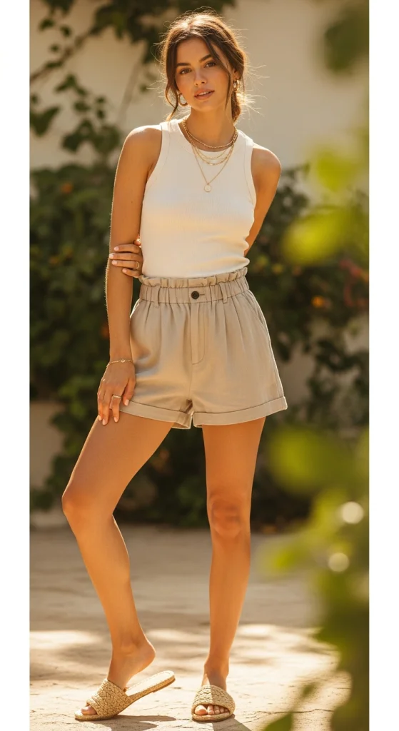 Paperbag-Waist Shorts With A Tank Top