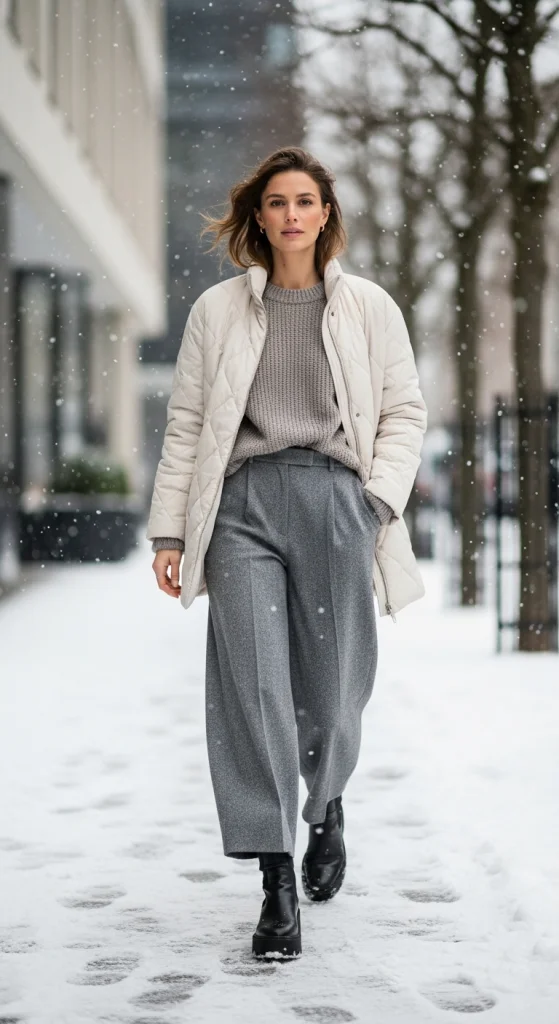 Quilted Puffer With Wide-Leg Pants