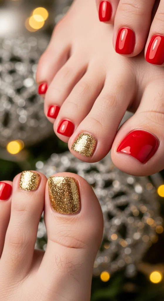 Red And Gold Glitter Pedicure