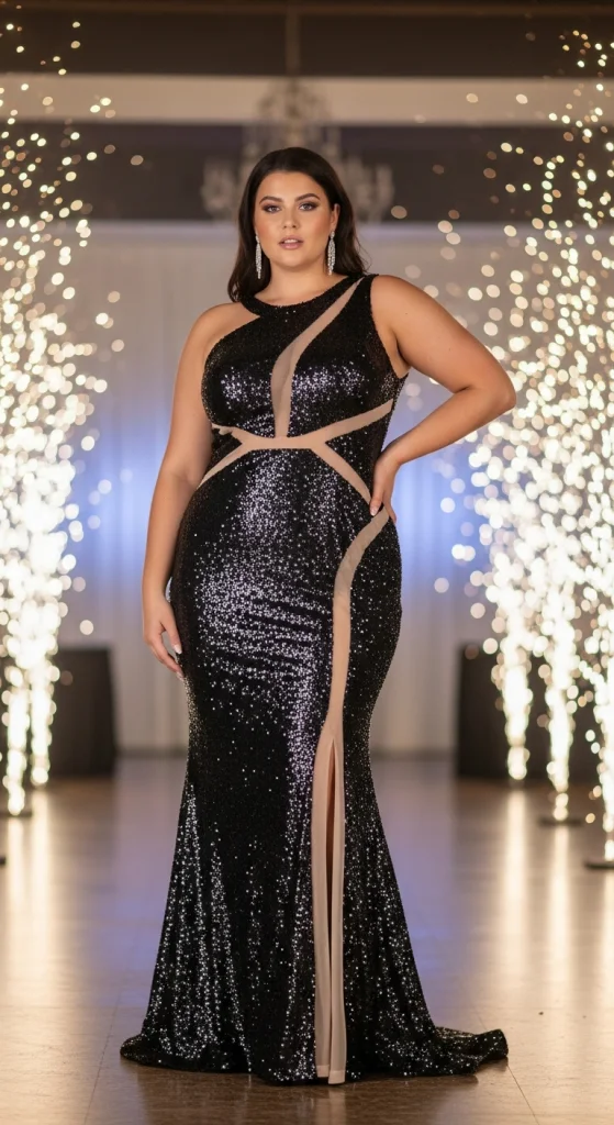 Sequin And Mesh Cutout Prom Dress