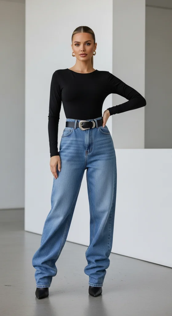 Baggy Jeans + Bodysuit for a Sleek Contrast