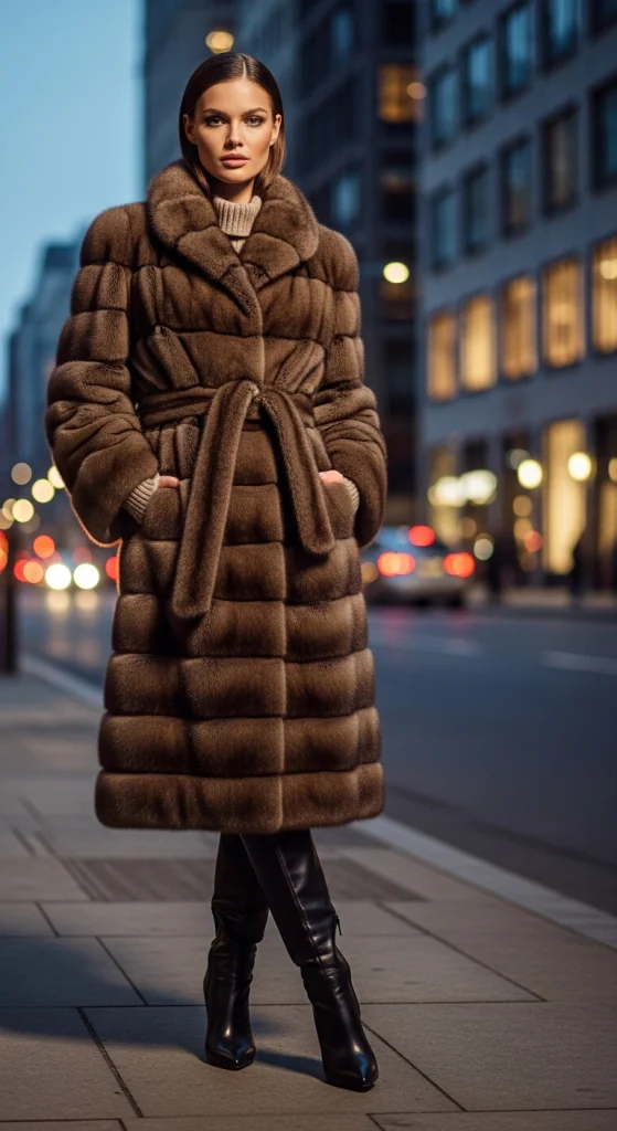Belted Brown Fur Coat for Hourglass Shape