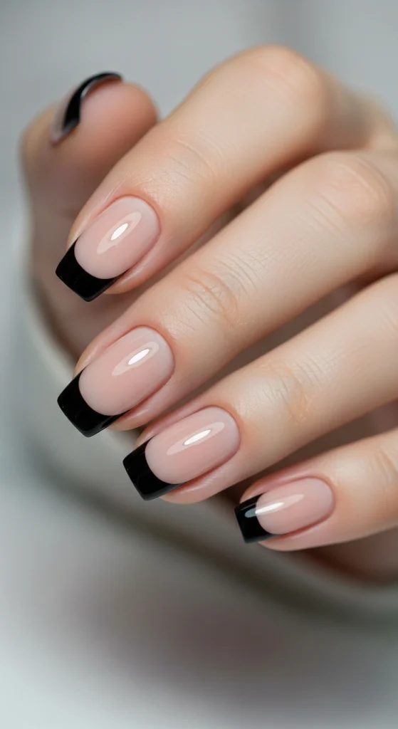 Black Short Nails With Micro French Tips