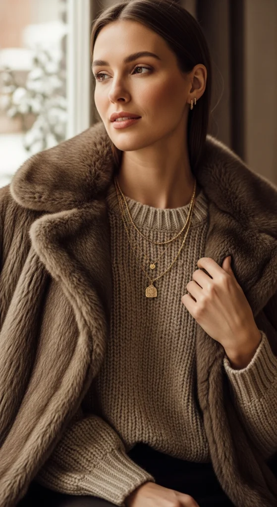 Brown Fur Coat Over Neutral Knitwear