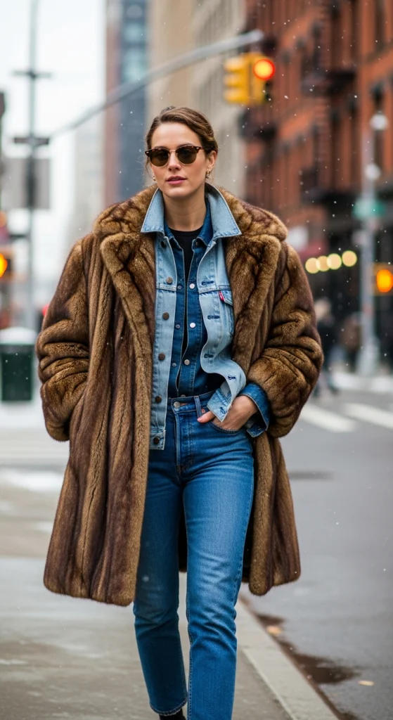 Brown Fur Coat With Denim-on-Denim
