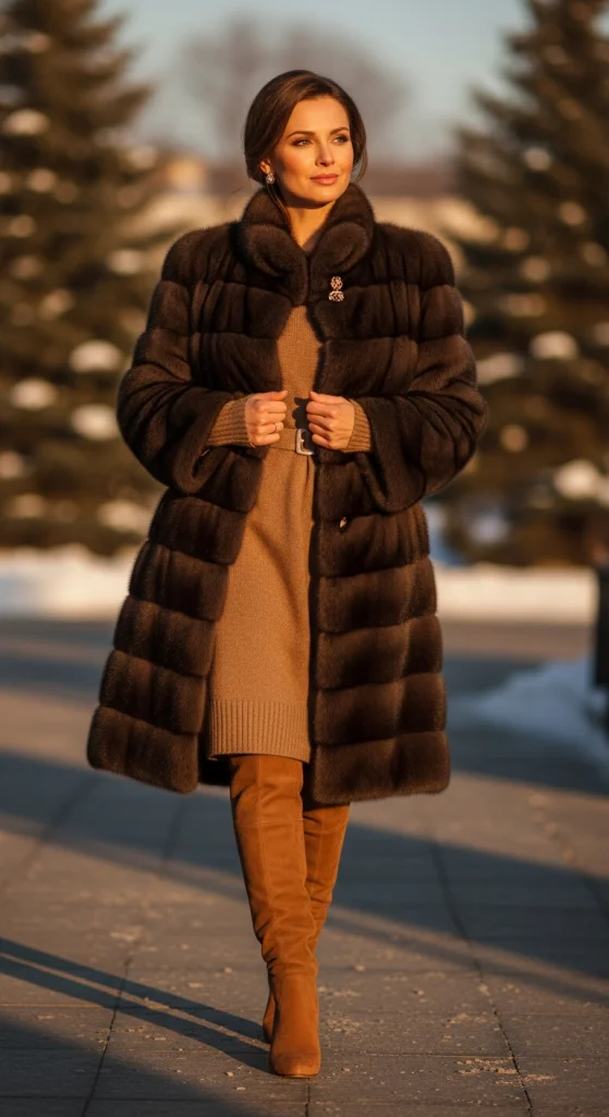 Brown Fur Coat With Knee-High Suede Boots