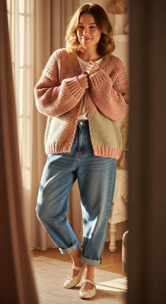 Cardigan + Baggy Jeans (Soft & Feminine)