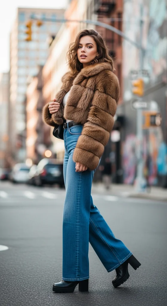Cropped Brown Fur Coat With Wide-Leg Jeans