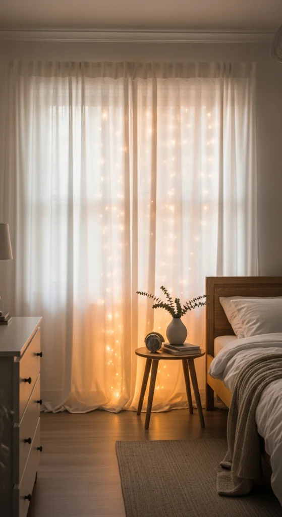Fairy Lights Behind Sheer Curtains