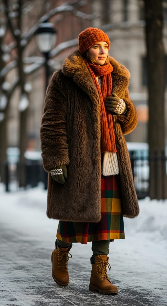 Faux Fur Brown Coat With Plaid Layers