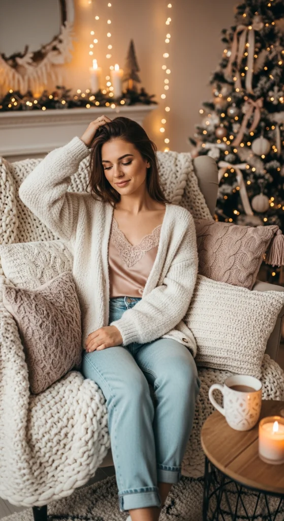 Fluffy Cardigan And High-Waisted Jeans
