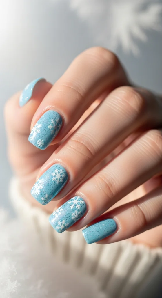 Frosty Baby Blue Snowflake Nails