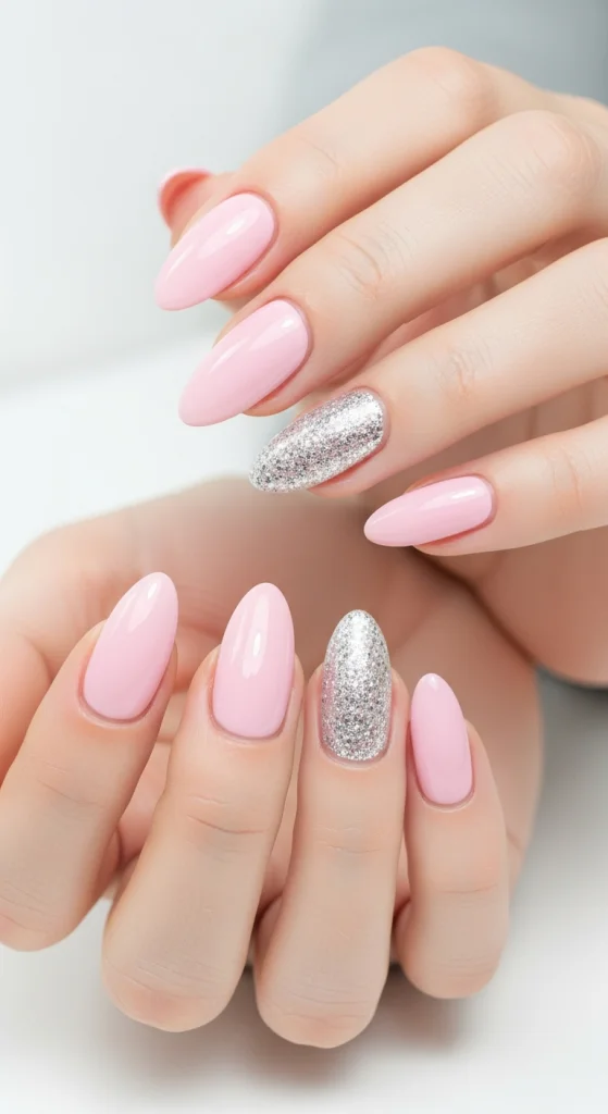 Glitter Accent Pink Almond Nails