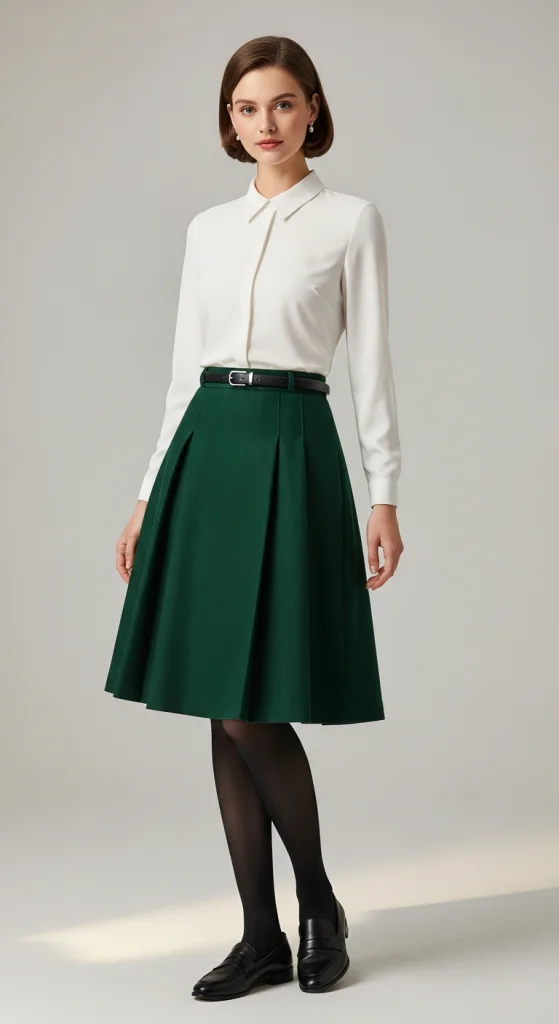 Green Wool Skirt With A White Collared Blouse