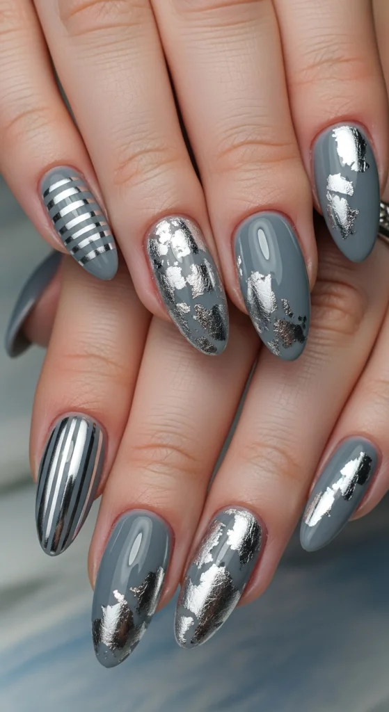Grey Gel Nails with Metallic Accents