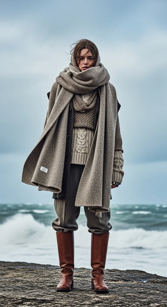 Heavy Knit Scarf With Neutral Layers