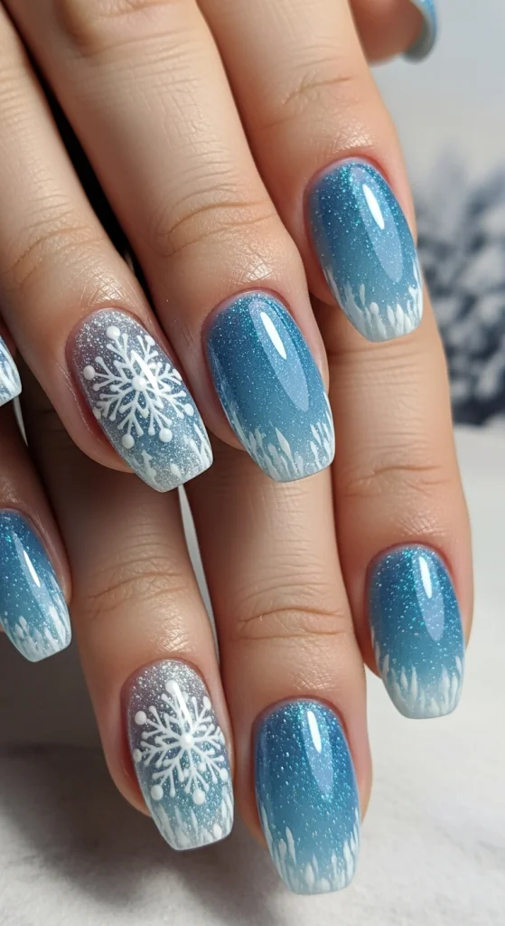 Icy Blue Gel Nails with Frosted Details