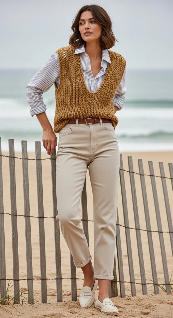 Layered Knit Vest Over Shirt