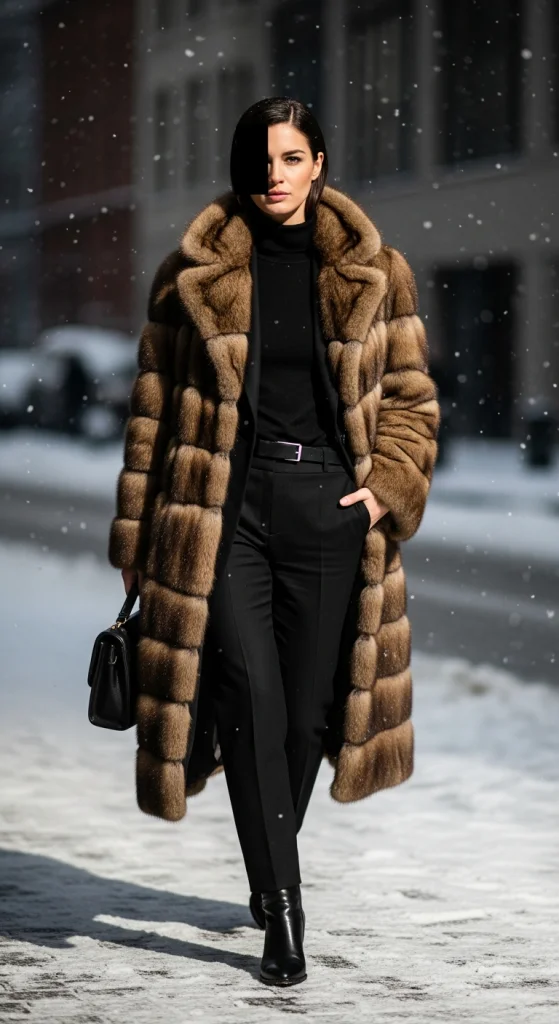 Long Brown Fur Coat With All-Black Base