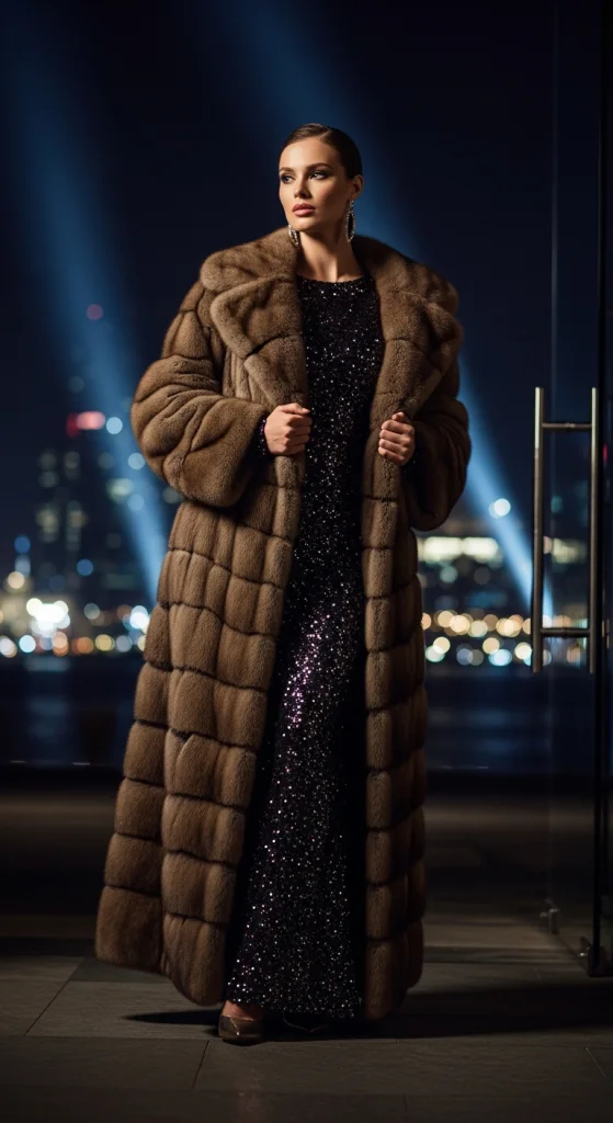 Luxe Brown Fur Coat With Eveningwear