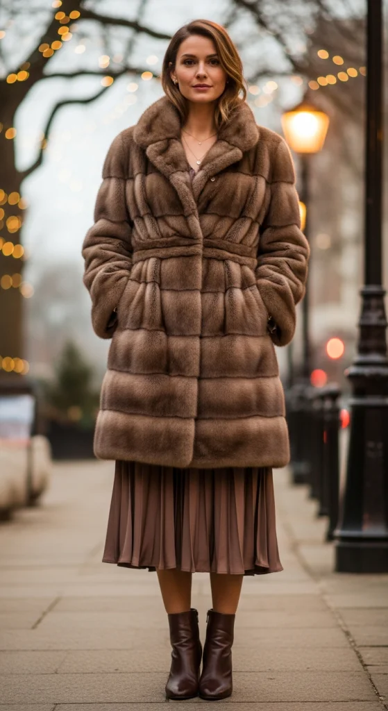 Mid-Length Brown Fur Coat With Midi Skirt