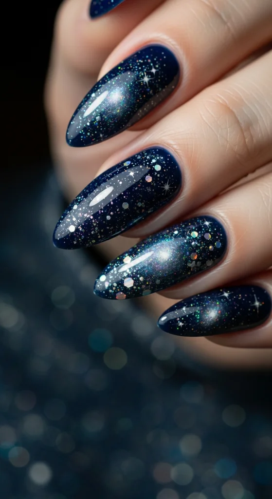 Midnight Blue Galaxy Gel Nails