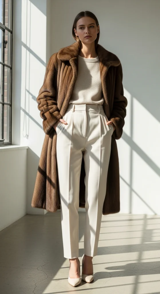 Minimalist Brown Fur Coat With Cream Trousers