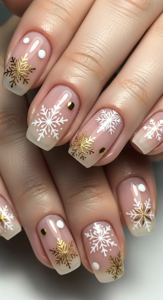 Nude Gel Nails with Snowflake Art