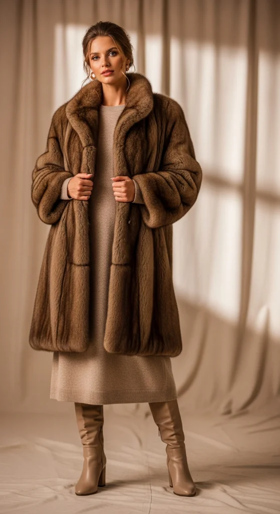 Oversized Brown Fur Coat With a Wool Dress