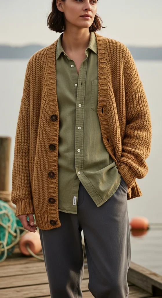 Oversized Cardigan With Linen Shirt