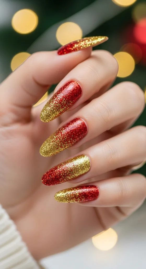 Red & Gold Glitter Ombre Nails