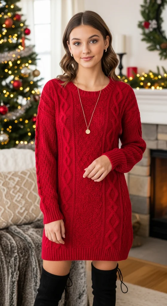 Red Sweater Dress With Over-the-Knee Boots