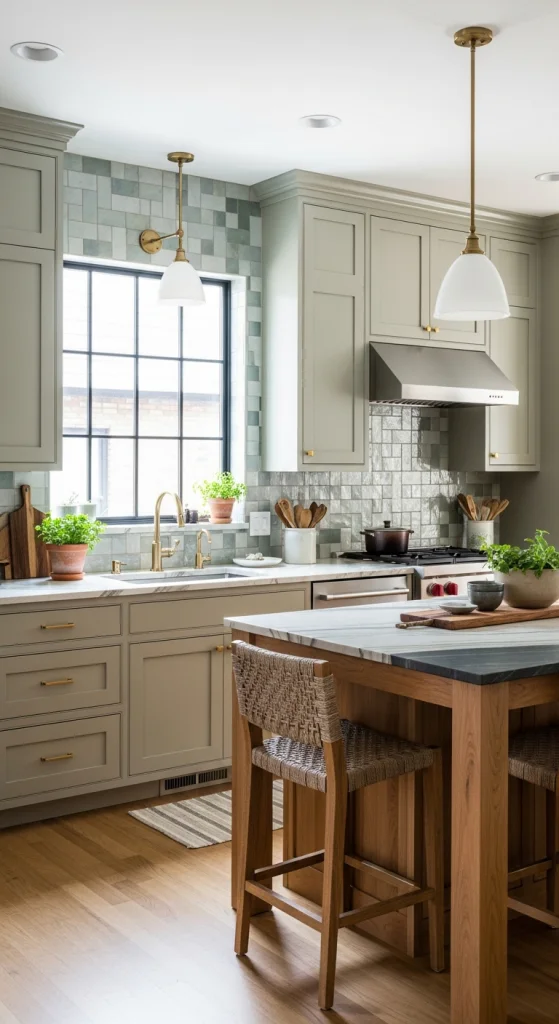 Sage Green Cabinets With Textured Backsplash