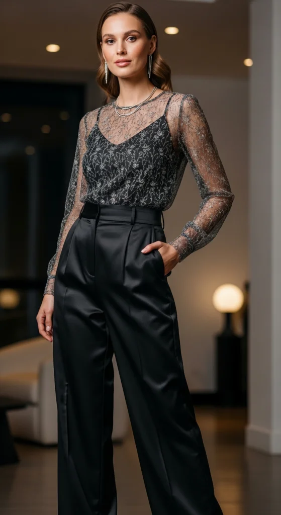 Sheer Top With High-Waisted Trousers